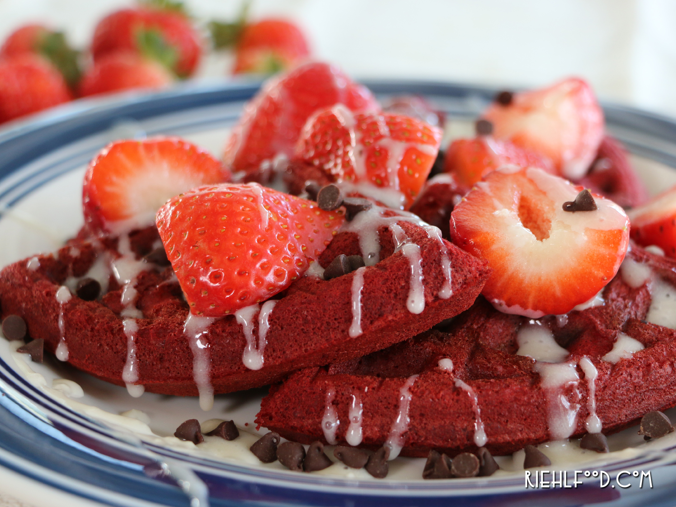 Red Velvet Waffles with Strawberries & Cream Cheese Drizzle