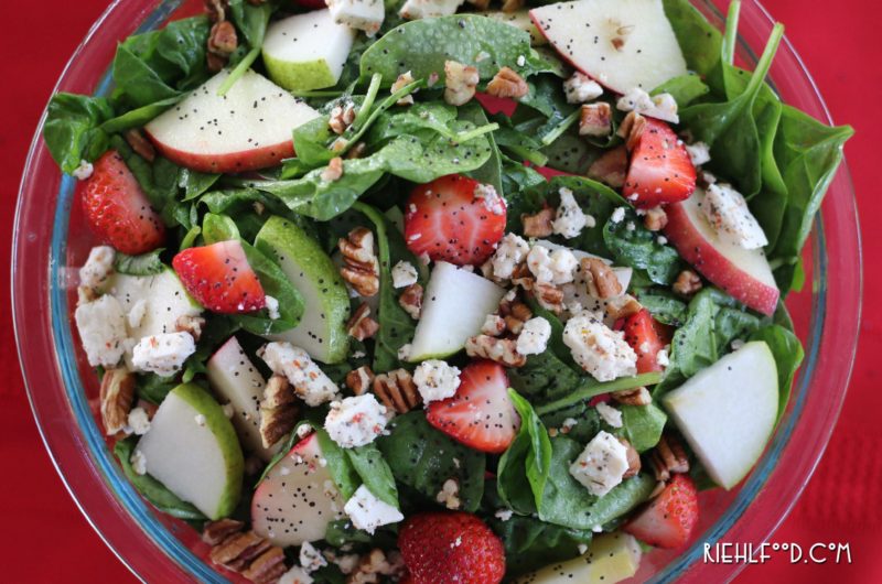 Strawberry, Apple, and Pear Spinach Salad with an Apple Cider Poppy seed Dressing