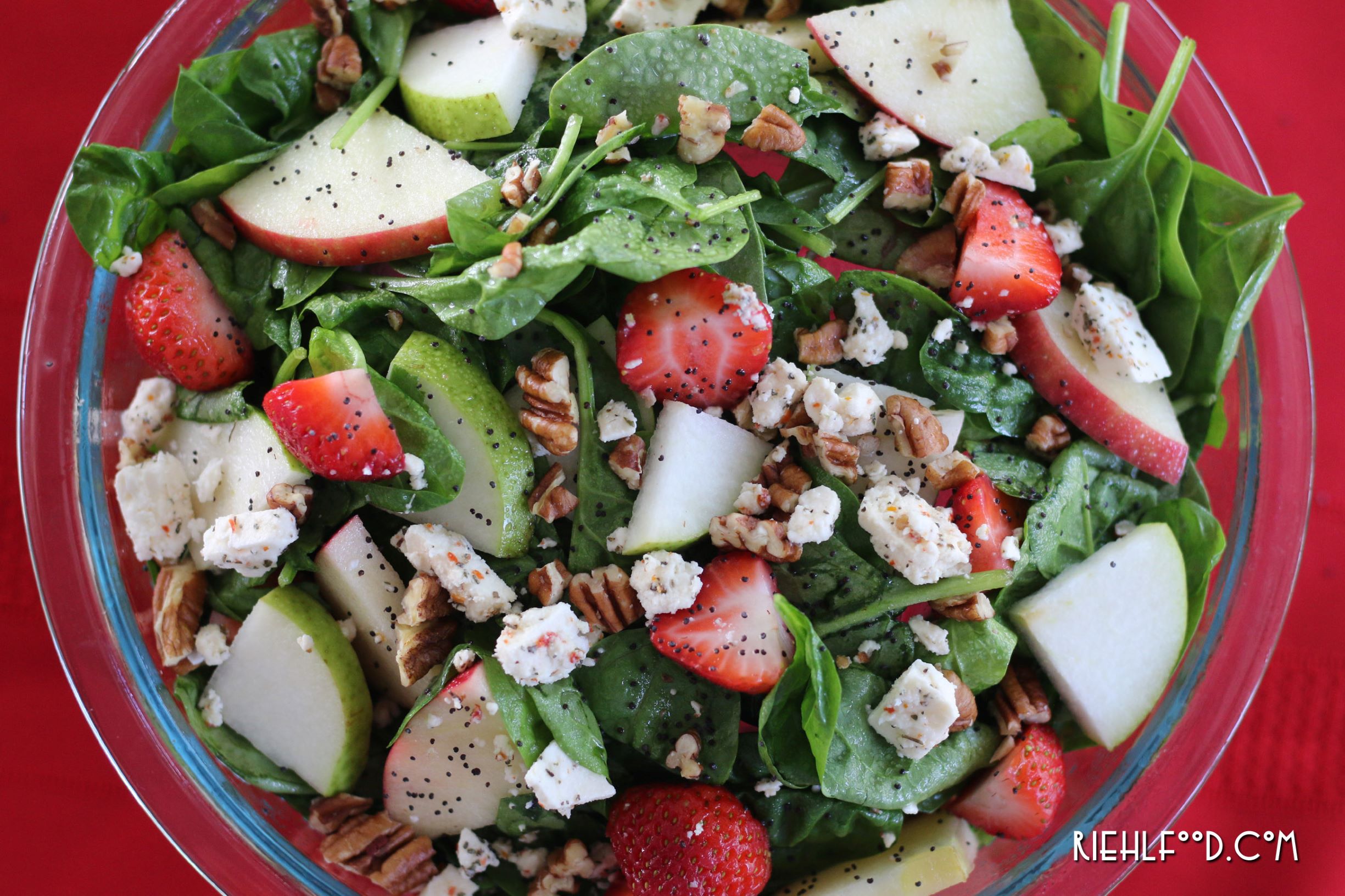 Strawberry, Apple, and Pear Spinach Salad with an Apple Cider Poppy seed Dressing
