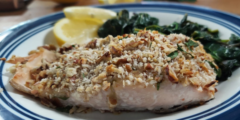 Baked Salmon with Honey Mustard & Pecan-Panko Crust w/ Garlic Spinach