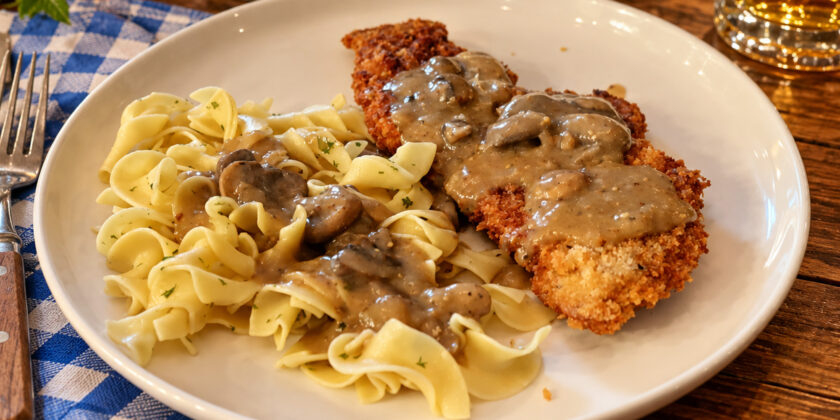 German Schnitzel with Mushroom Gravy